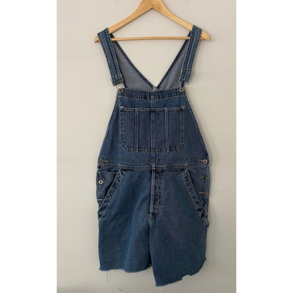 Old Navy Vintage Blue Jeans Denim Overalls Jean Shorts Frayed Hem Women's Medium - Picture 1 of 16